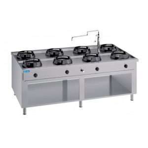 Placa de gas para wok bifronte sobre mueble con n° 8 quemadores y columna de agua - longitud 2000 mm