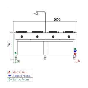 Placa de gas para wok bifronte sobre mueble con n° 8 quemadores y columna de agua - longitud 2000 mm - Imagen 2