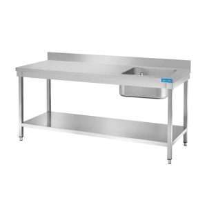 Mesa abierta de acero inoxidable con lavabo a la derecha con estante con peto trasero L1600xP800xH850 mm - línea basic - Imagen 2