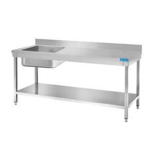 Mesa abierta de acero inoxidable con lavabo a la izquierda con estante con peto trasero L900xP700xH850 mm - línea basic - Imagen 2