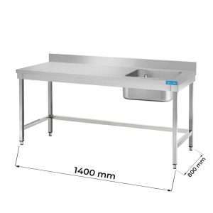 Mesa abierta de acero inoxidable con lavabo a la derecha sin estante con peto trasero L1400xP800xH850 mm - línea basic