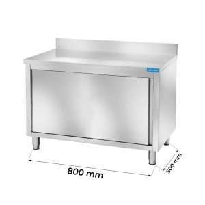 Mesa de acero inoxidable con puertas con peto trasero L800xP500xH850 mm - línea basic