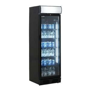 Vitrina refrigerada para bebidas de 390 lt negra con canopy iluminado temperatura de 0°C a +10°C